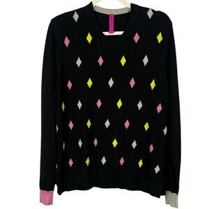 Zaket & Plover Cotton Cashmere Blend Black Diamond Intarsia Large Knit Sweater